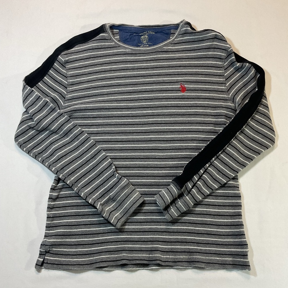 U.S. Polo Assn. Long Sleeve Gray/White/Black Stripes Waffle, Teens Size Large